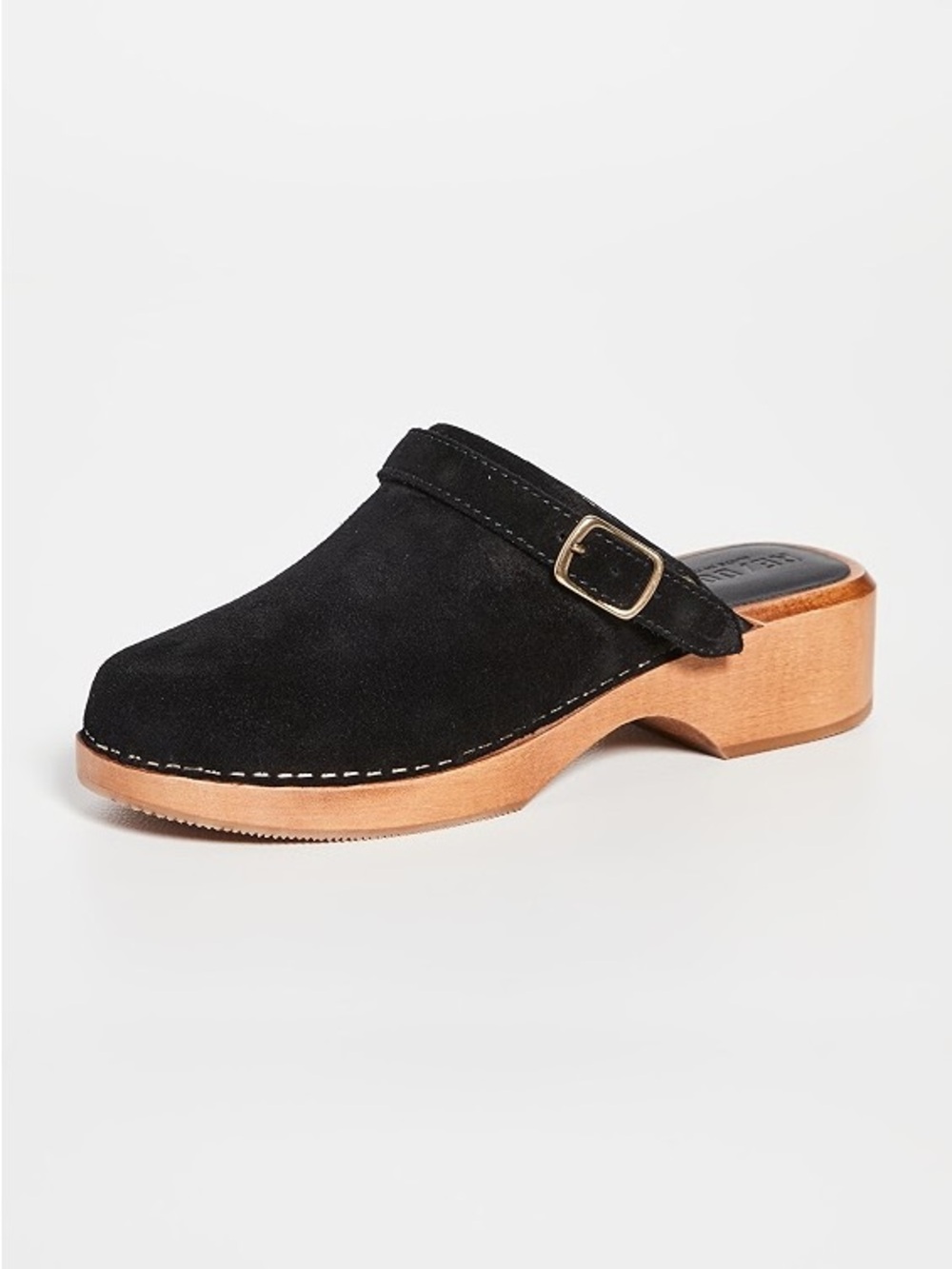 Re/Done Black Suede Clog Mule with Natural Wood Heel